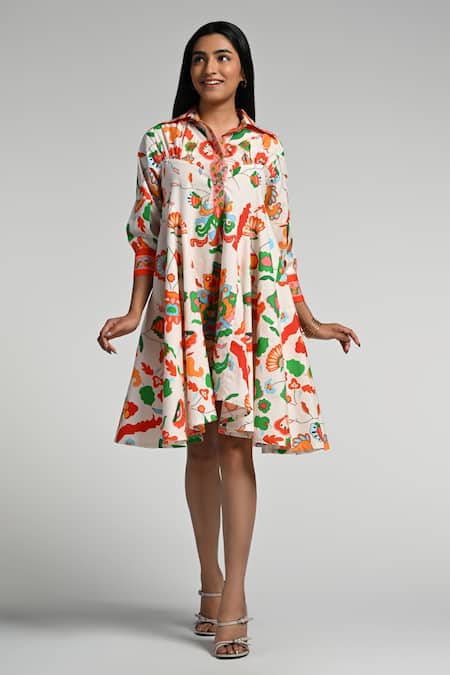Taroob Multi Color Cotton, Poplin Collared Floral Utopia Midi Dress 