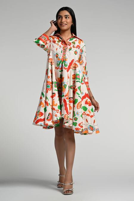 Taroob Multi Color Cotton, Poplin Collared Floral Utopia Midi Dress at Aza Fashions Taroob_Multi Color Cotton, Poplin Collared Floral Utopia Midi Dress _at_Aza_Fashions