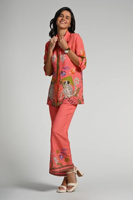 Taroob_Pink Linen Embroidery Collared Monkey Pop Coord Set _Online_at_Aza_Fashions