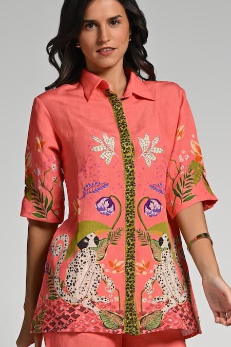 Buy_Taroob_Pink Linen Embroidery Collared Monkey Pop Coord Set _Online_at_Aza_Fashions