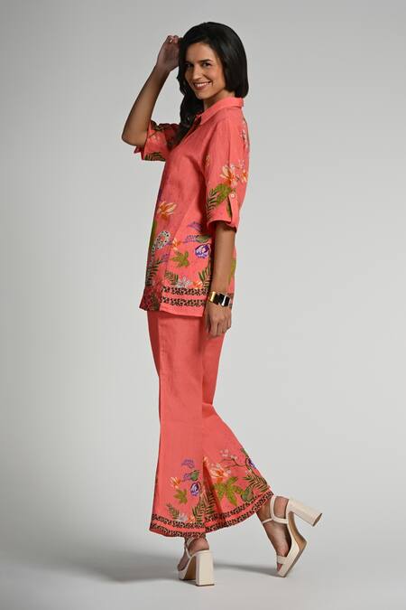 Shop_Taroob_Pink Linen Embroidery Collared Monkey Pop Coord Set _Online_at_Aza_Fashions