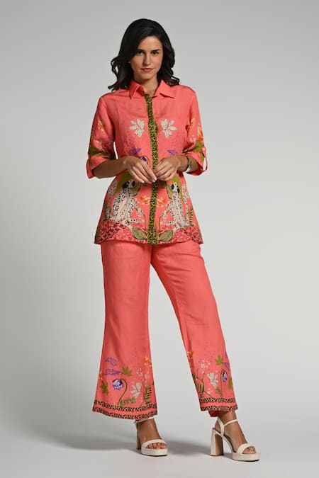 Taroob_Pink Linen Embroidery Collared Monkey Pop Coord Set _at_Aza_Fashions