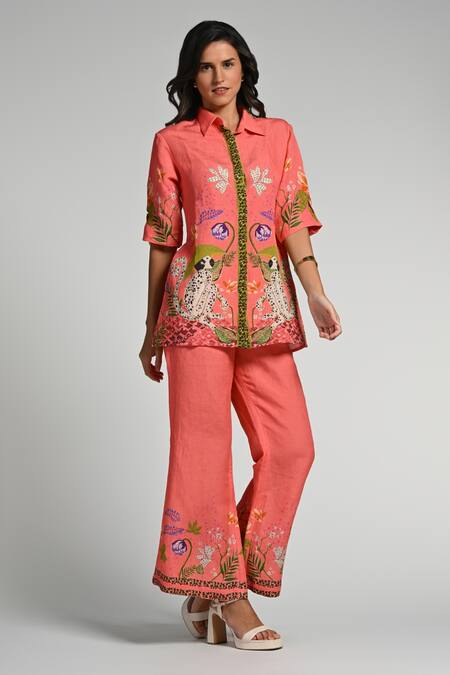 Buy_Taroob_Pink Linen Embroidery Collared Monkey Pop Coord Set 