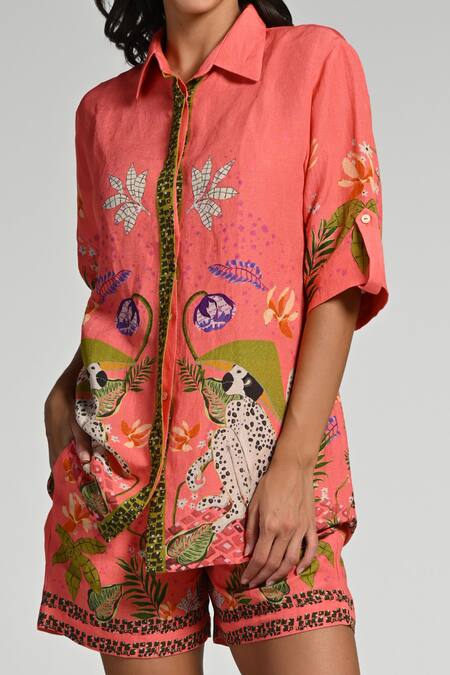 Taroob_Pink Linen Embroidery Collared Monkey Pop Shirt And Shorts Set _Online_at_Aza_Fashions