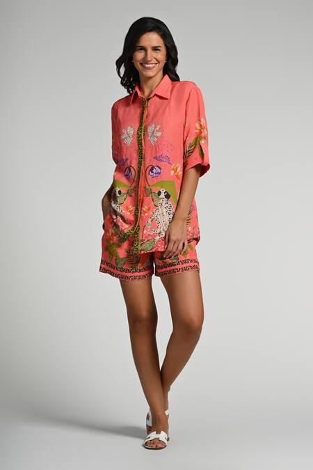 Shop_Taroob_Pink Linen Embroidery Collared Monkey Pop Shirt And Shorts Set _Online_at_Aza_Fashions
