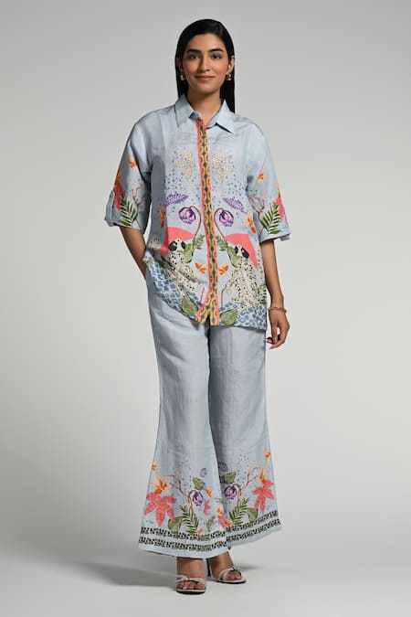 Taroob Sky Blue Linen Embroidery Collared Monkey Pop Coord Set 