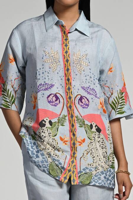 Taroob_Sky Blue Linen Embroidery Collared Monkey Pop Coord Set_Online_at_Aza_Fashions