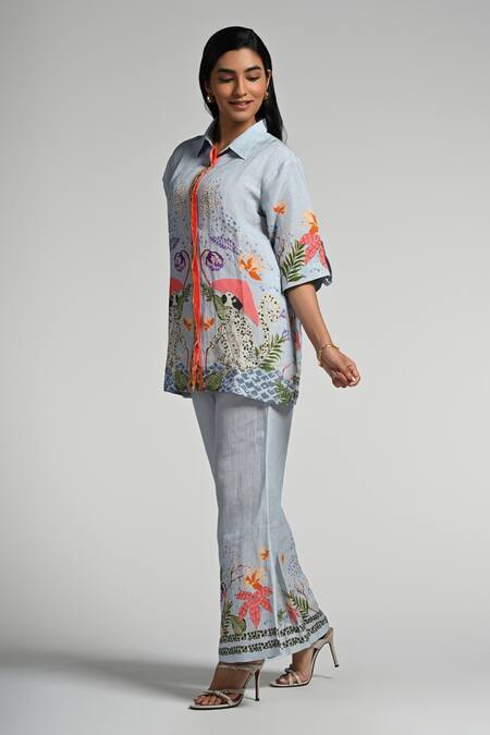 Buy_Taroob_Sky Blue Linen Embroidery Collared Monkey Pop Coord Set_Online_at_Aza_Fashions