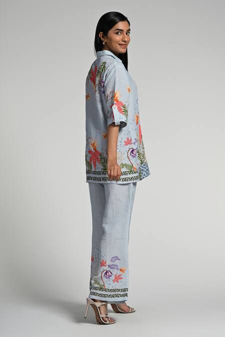 Shop_Taroob_Sky Blue Linen Embroidery Collared Monkey Pop Coord Set_Online_at_Aza_Fashions