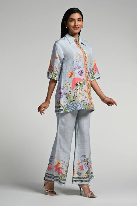 Taroob_Sky Blue Linen Embroidery Collared Monkey Pop Coord Set_at_Aza_Fashions