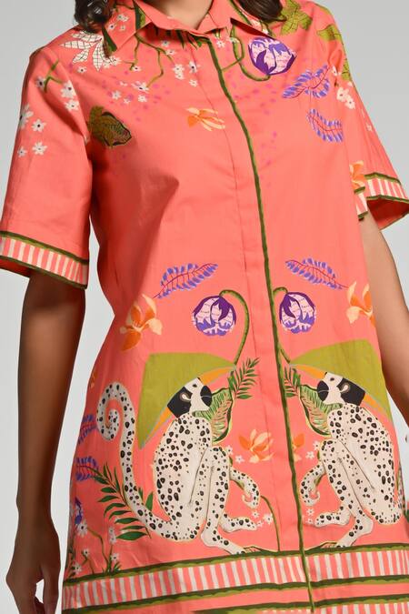 Taroob Pink Cotton, Poplin Embroidery Collared Monkey Pop Dress Online at Aza Fashions Taroob_Pink Cotton, Poplin Embroidery Collared Monkey Pop Dress _Online_at_Aza_Fashions