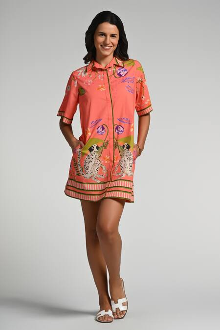 Buy Taroob Pink Cotton, Poplin Embroidery Collared Monkey Pop Dress Online at Aza Fashions Buy_Taroob_Pink Cotton, Poplin Embroidery Collared Monkey Pop Dress _Online_at_Aza_Fashions