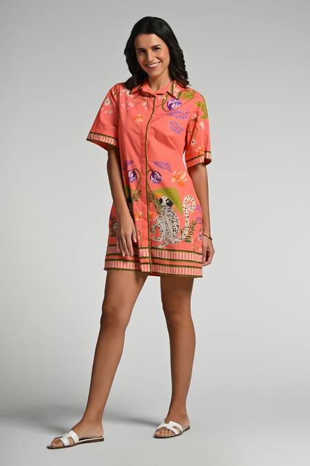 Shop Taroob Pink Cotton, Poplin Embroidery Collared Monkey Pop Dress Online at Aza Fashions Shop_Taroob_Pink Cotton, Poplin Embroidery Collared Monkey Pop Dress _Online_at_Aza_Fashions