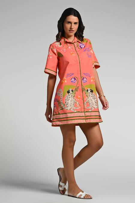Taroob Pink Cotton, Poplin Embroidery Collared Monkey Pop Dress at Aza Fashions Taroob_Pink Cotton, Poplin Embroidery Collared Monkey Pop Dress _at_Aza_Fashions