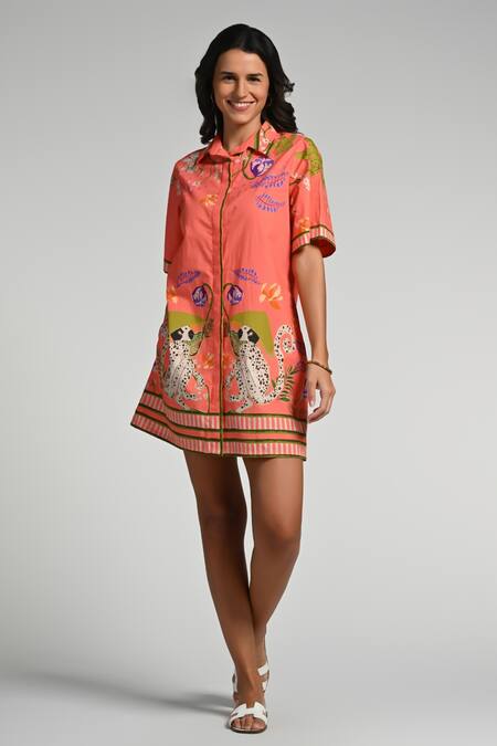 Buy Taroob Pink Cotton, Poplin Embroidery Collared Monkey Pop Dress Buy_Taroob_Pink Cotton, Poplin Embroidery Collared Monkey Pop Dress