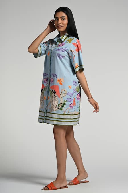 Taroob_Sky Blue Cotton, Poplin Collared Monkey Pop Dress _Online_at_Aza_Fashions