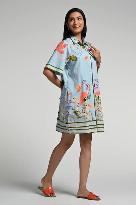 Buy_Taroob_Sky Blue Cotton, Poplin Collared Monkey Pop Dress _Online_at_Aza_Fashions