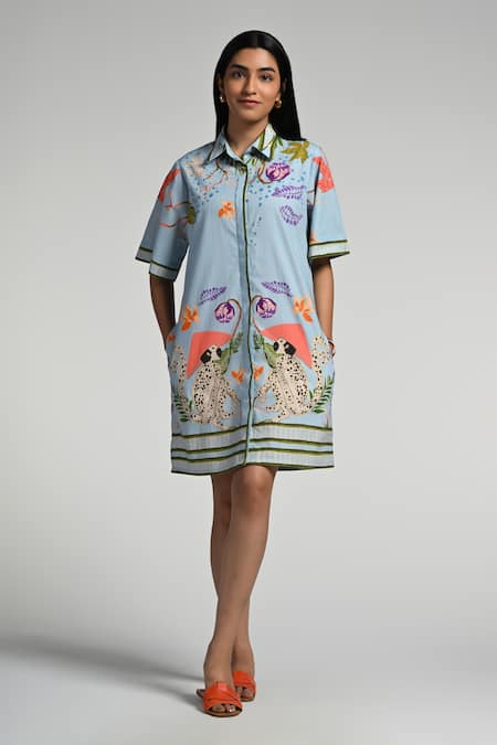 Shop_Taroob_Sky Blue Cotton, Poplin Collared Monkey Pop Dress _Online_at_Aza_Fashions