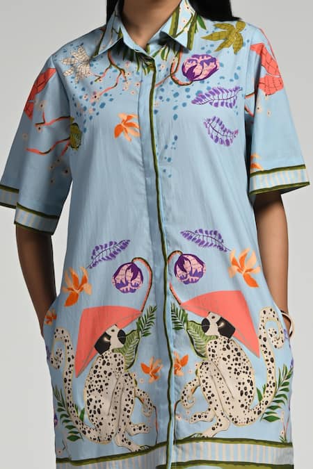 Taroob_Sky Blue Cotton, Poplin Collared Monkey Pop Dress _at_Aza_Fashions
