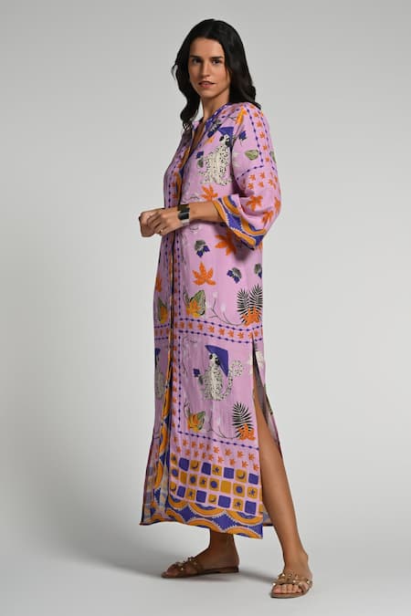 Taroob_Purple Linen Embroidery Collared Monkey Pop Kaftan_Online_at_Aza_Fashions