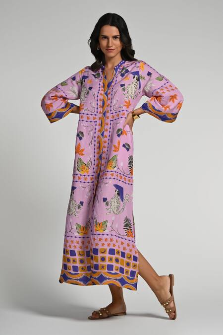 Buy_Taroob_Purple Linen Embroidery Collared Monkey Pop Kaftan_Online_at_Aza_Fashions