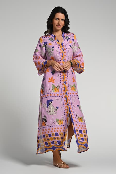 Shop_Taroob_Purple Linen Embroidery Collared Monkey Pop Kaftan_Online_at_Aza_Fashions
