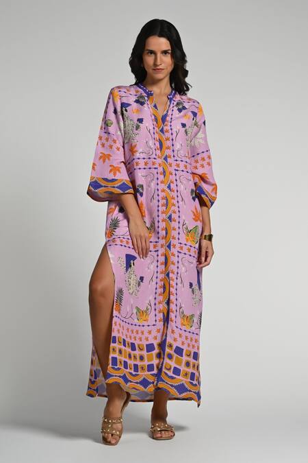Taroob_Purple Linen Embroidery Collared Monkey Pop Kaftan_at_Aza_Fashions