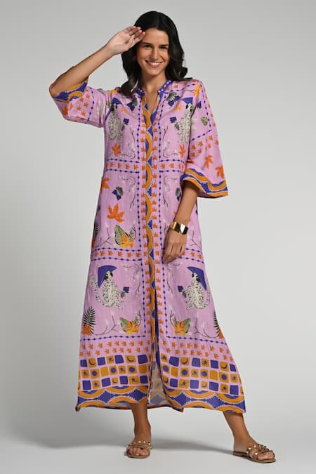 Buy_Taroob_Purple Linen Embroidery Collared Monkey Pop Kaftan