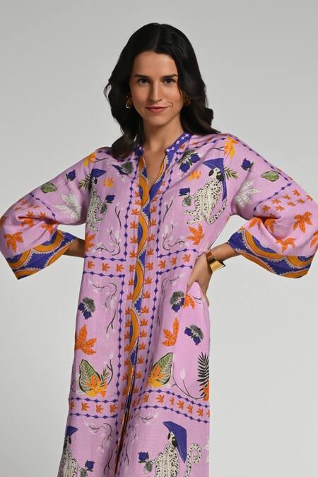 Shop_Taroob_Purple Linen Embroidery Collared Monkey Pop Kaftan