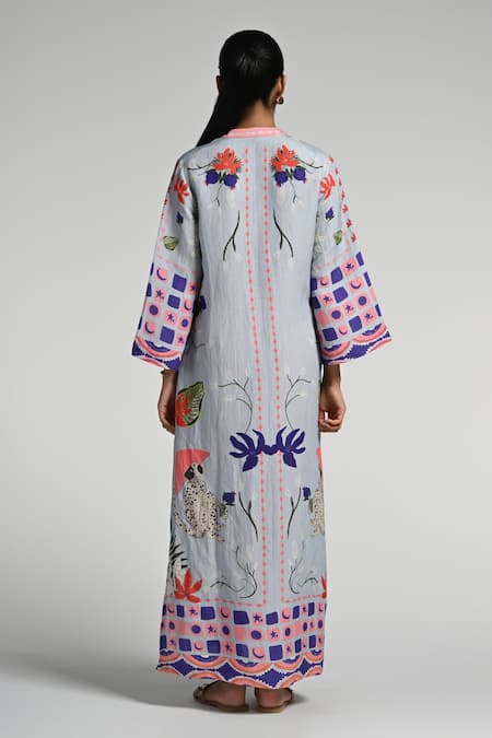 Shop Taroob Sky Blue Linen Mandarin Collar Monkey Pop Kaftan at Aza Fashions Shop_Taroob_Sky Blue Linen Mandarin Collar Monkey Pop Kaftan_at_Aza_Fashions