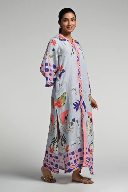 Taroob Sky Blue Linen Mandarin Collar Monkey Pop Kaftan at Aza Fashions Taroob_Sky Blue Linen Mandarin Collar Monkey Pop Kaftan_at_Aza_Fashions