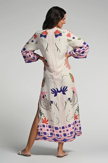 Shop_Taroob_Multi Color Linen Embroidery Split V-neck Monkey Pop Kaftan _at_Aza_Fashions