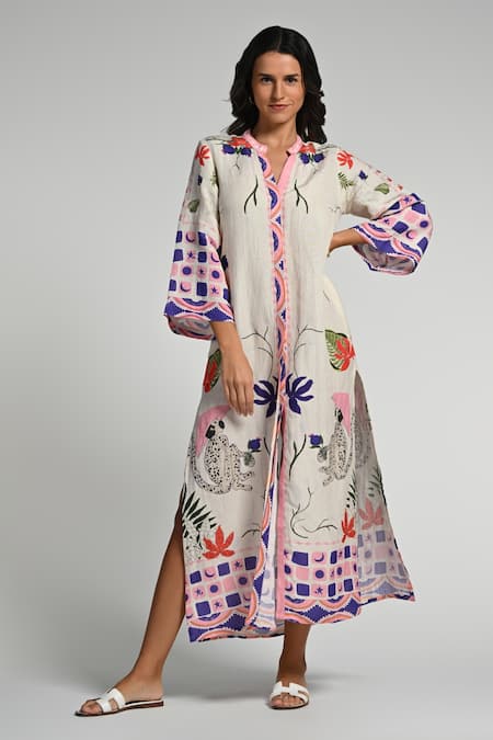 Taroob Multi Color Linen Embroidery Split V-neck Monkey Pop Kaftan 