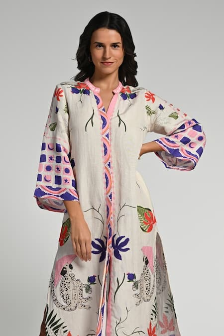 Buy_Taroob_Multi Color Linen Embroidery Split V-neck Monkey Pop Kaftan _Online_at_Aza_Fashions