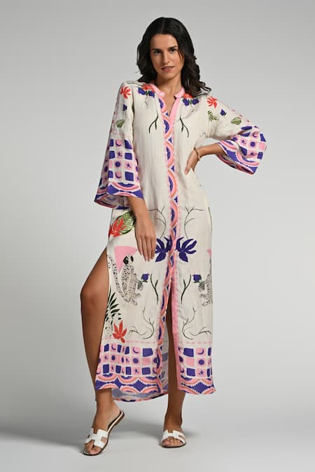 Shop_Taroob_Multi Color Linen Embroidery Split V-neck Monkey Pop Kaftan _Online_at_Aza_Fashions