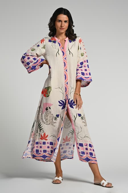 Taroob_Multi Color Linen Embroidery Split V-neck Monkey Pop Kaftan _at_Aza_Fashions