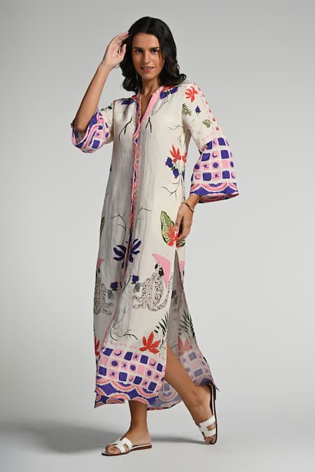 Buy_Taroob_Multi Color Linen Embroidery Split V-neck Monkey Pop Kaftan 