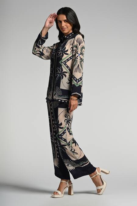 Buy_Taroob_Blue Crepe Collared Geo Palms Co-ord Set_Online_at_Aza_Fashions