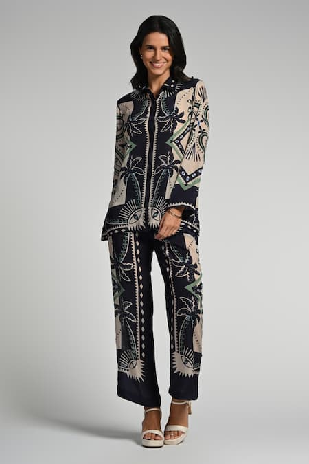 Shop_Taroob_Blue Crepe Collared Geo Palms Co-ord Set