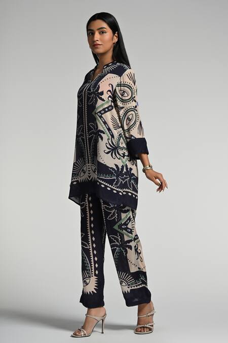 Taroob_Multi Color Crepe Split V-neck Geo Palms Tunic Set_Online_at_Aza_Fashions