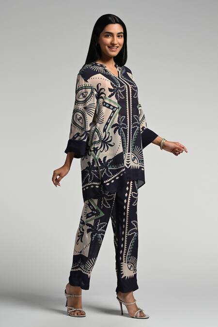Shop_Taroob_Multi Color Crepe Split V-neck Geo Palms Tunic Set_Online_at_Aza_Fashions