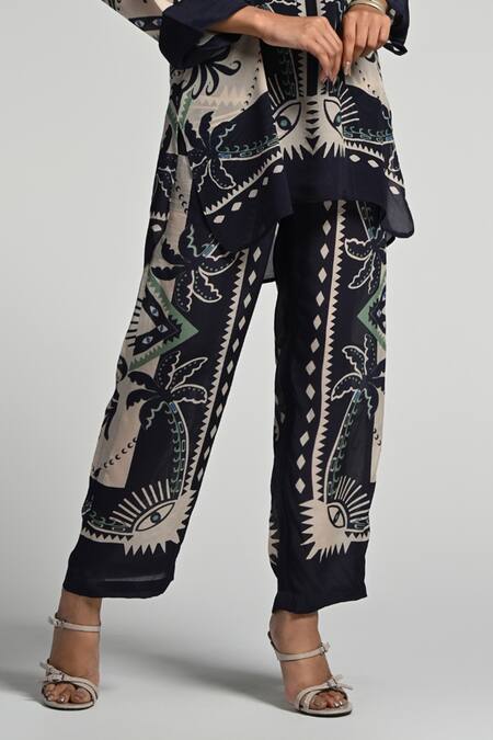 Taroob_Multi Color Crepe Split V-neck Geo Palms Tunic Set_at_Aza_Fashions