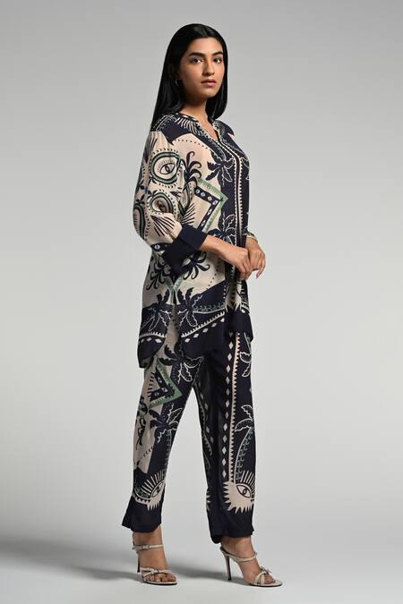 Buy_Taroob_Multi Color Crepe Split V-neck Geo Palms Tunic Set