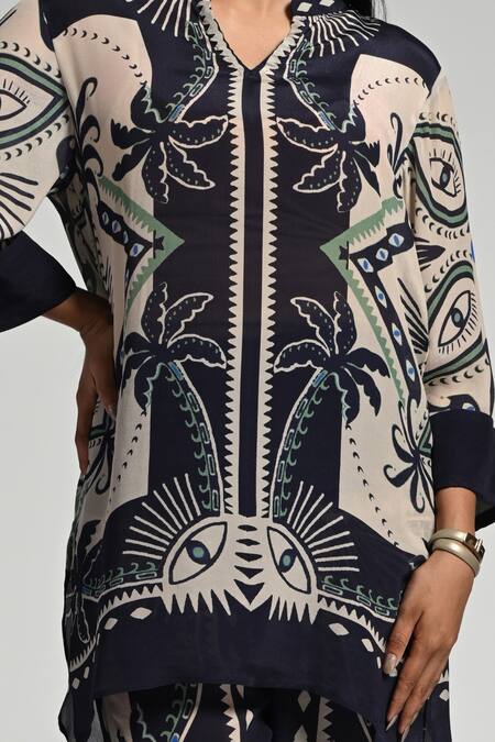 Shop_Taroob_Multi Color Crepe Split V-neck Geo Palms Tunic Set