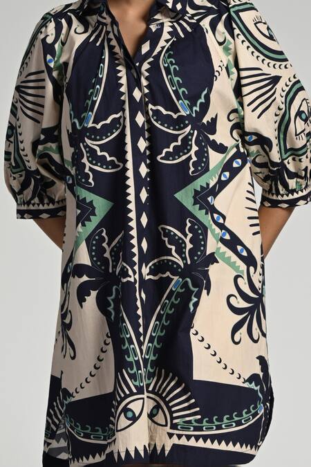 Taroob Beige Cotton, Poplin Collared Geo Palms Dress Online at Aza Fashions Taroob_Beige Cotton, Poplin Collared Geo Palms Dress _Online_at_Aza_Fashions