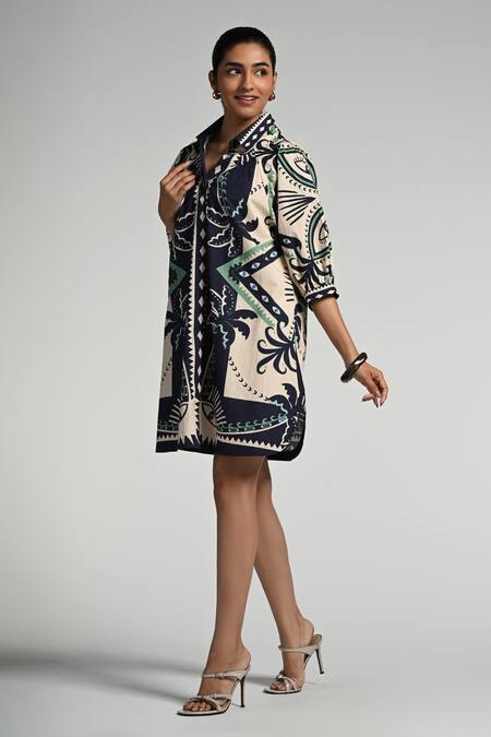 Buy Taroob Beige Cotton, Poplin Collared Geo Palms Dress Online at Aza Fashions Buy_Taroob_Beige Cotton, Poplin Collared Geo Palms Dress _Online_at_Aza_Fashions