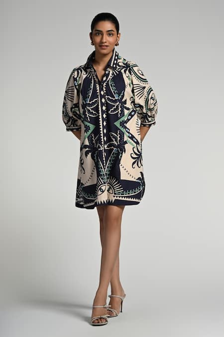 Taroob Beige Cotton, Poplin Collared Geo Palms Dress 