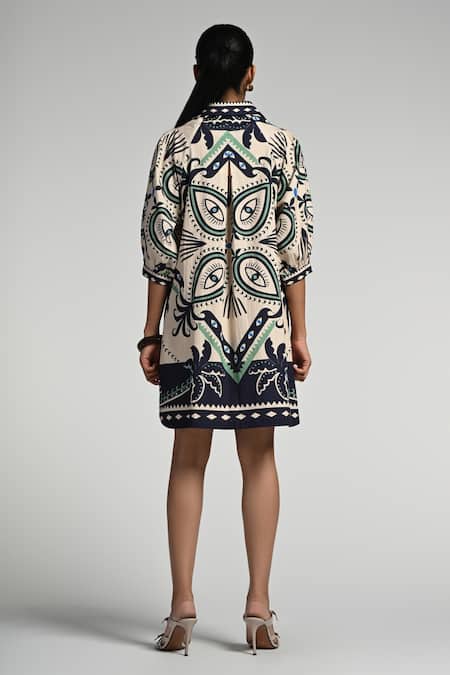 Shop Taroob Beige Cotton, Poplin Collared Geo Palms Dress at Aza Fashions Shop_Taroob_Beige Cotton, Poplin Collared Geo Palms Dress _at_Aza_Fashions