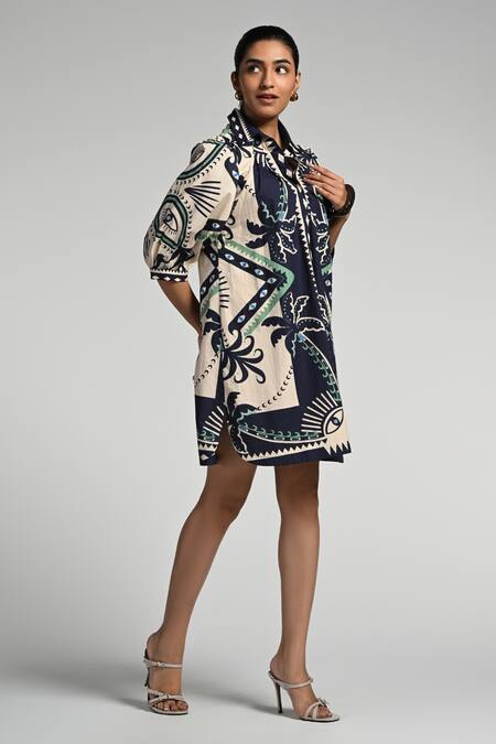 Taroob Beige Cotton, Poplin Collared Geo Palms Dress at Aza Fashions Taroob_Beige Cotton, Poplin Collared Geo Palms Dress _at_Aza_Fashions