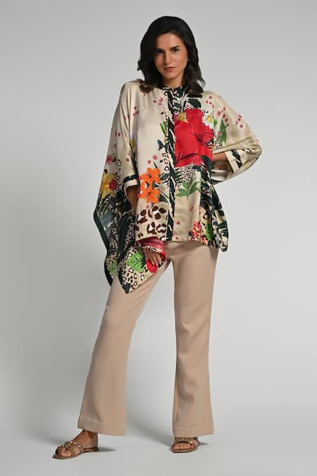 Taroob_Beige Silk, Modal, Satin Round Neck Jungle Rhapsody Kaftan _Online_at_Aza_Fashions